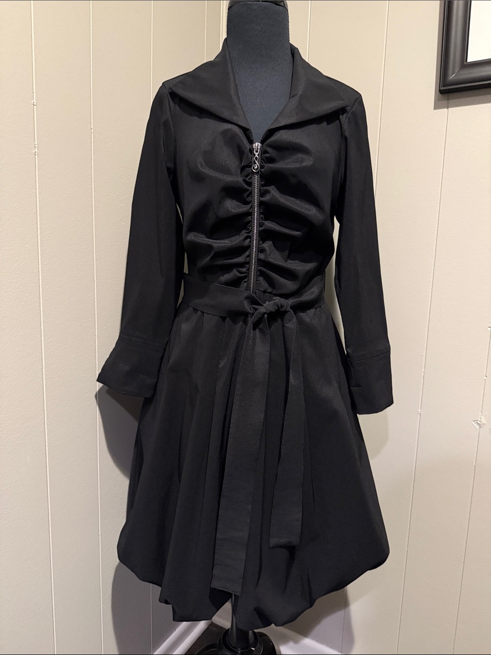 Samuel Dong Women’s XS Black Ruched Zip-Front Long Sleeve A-Line Dress